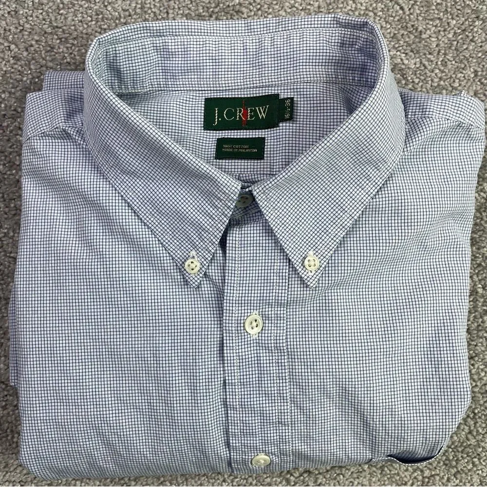 Vintage J.Crew Button Down Shirt Mens 16 1/2 Blue Micro Check Cotton Oxford ‘90s